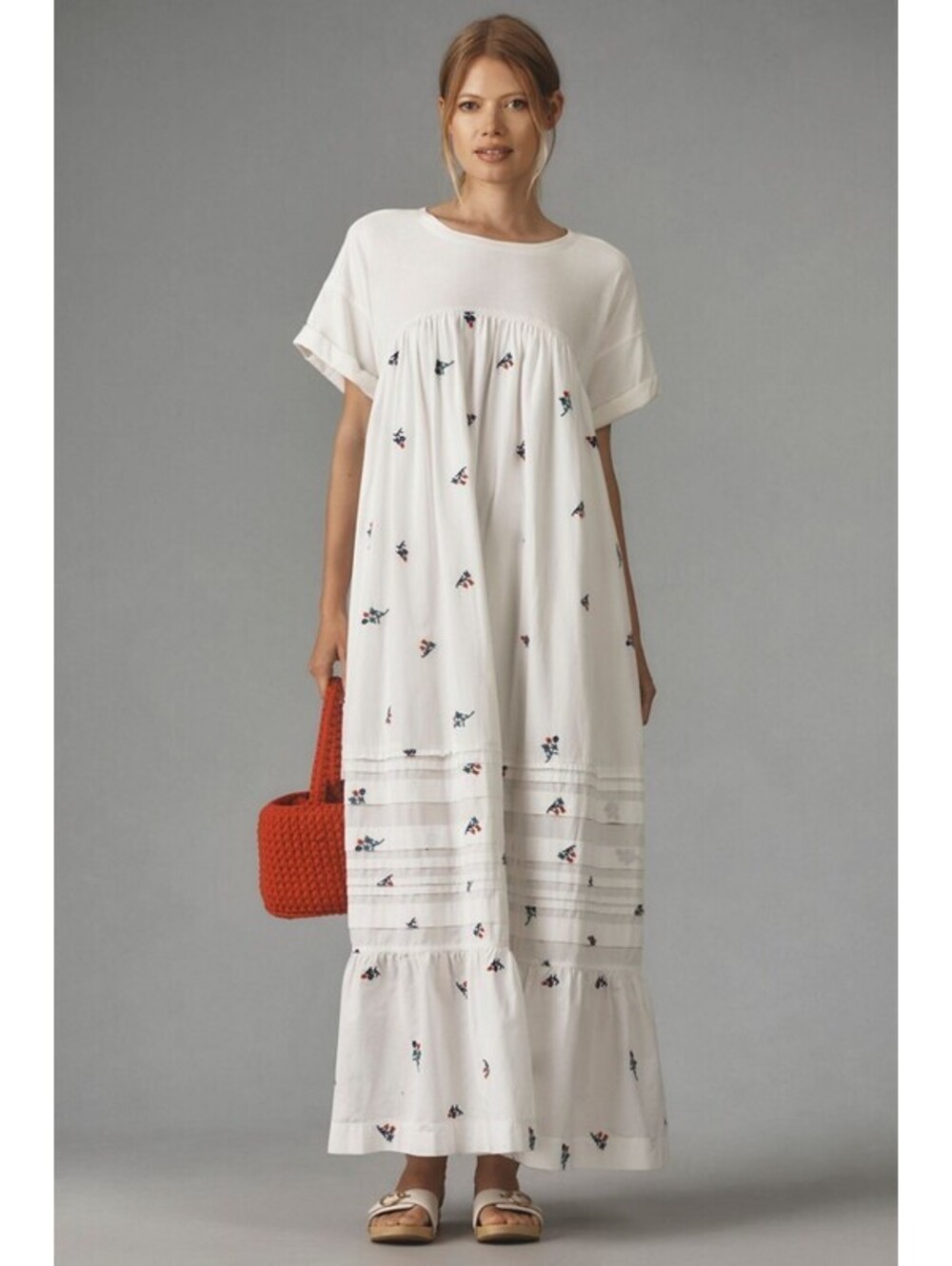 Anthropologie -  Ivory Short-Sleeve Embroidered T-Shirt Maxi Dress, Size M
